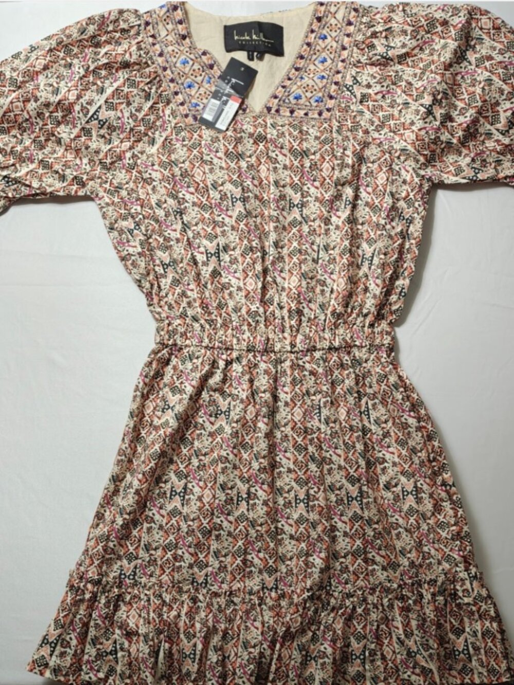 NWT Nicole Miller Collection Dress Sz 2 Embroidered Boho Bird Floral Tiered Mini